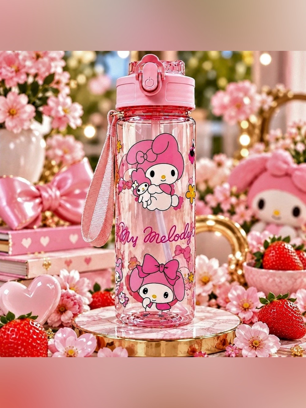 SKLRIND My Melody Edition Kids Water Bottle w/Straw & Carry Strap Pink 27oz New